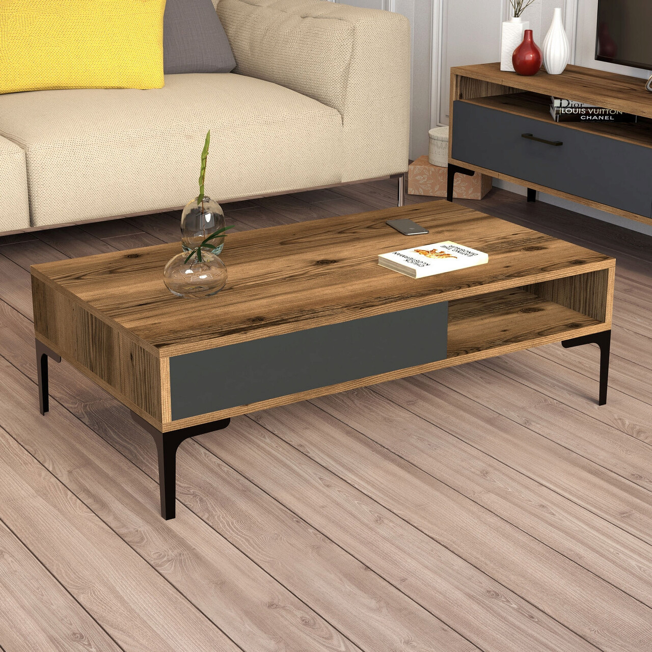Masuta de cafea, Hanah Home, Istanbul, 105x32.6x60 cm, Nuc / Antracit - imagine 6